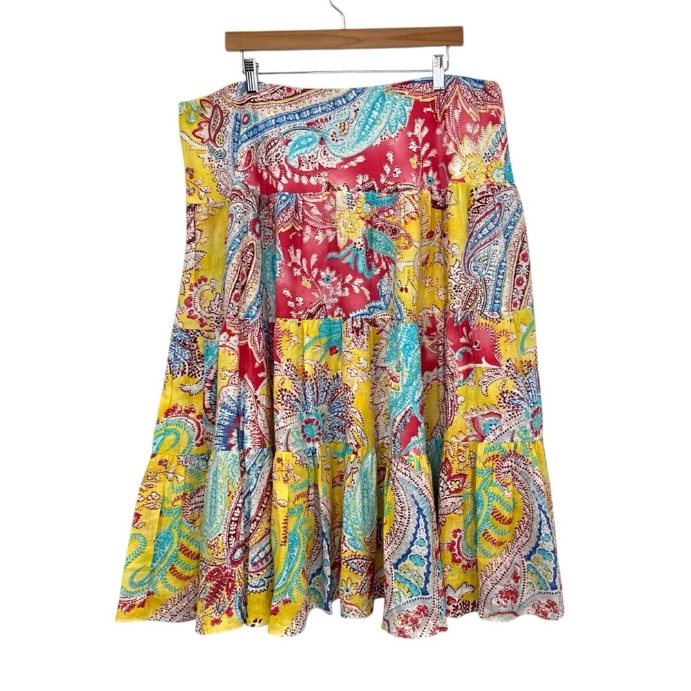 Ralph Lauren LRL Womens Paisley Tiered Linen Skirt Size 2X Multicolor Artsy Boho